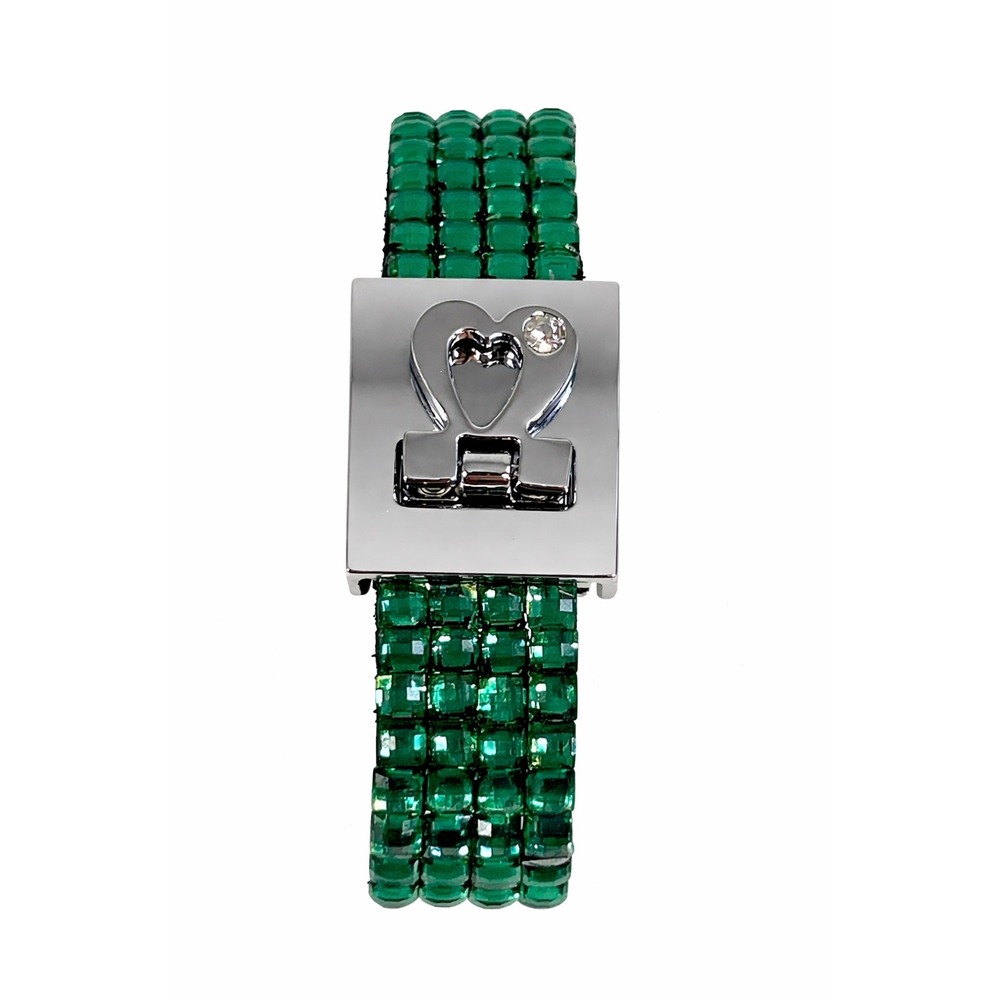 Emerald Green Rhinestone Wrap Bracelet Silver Tone‎ Heart Clasp 4 Row Sparkling